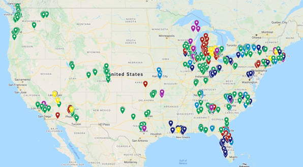 Map of Fairbanks Energy Services' projects in 2020 across the US with concentrated areas in New England and down the East Coast, around Chicago, in the South West and North West.
