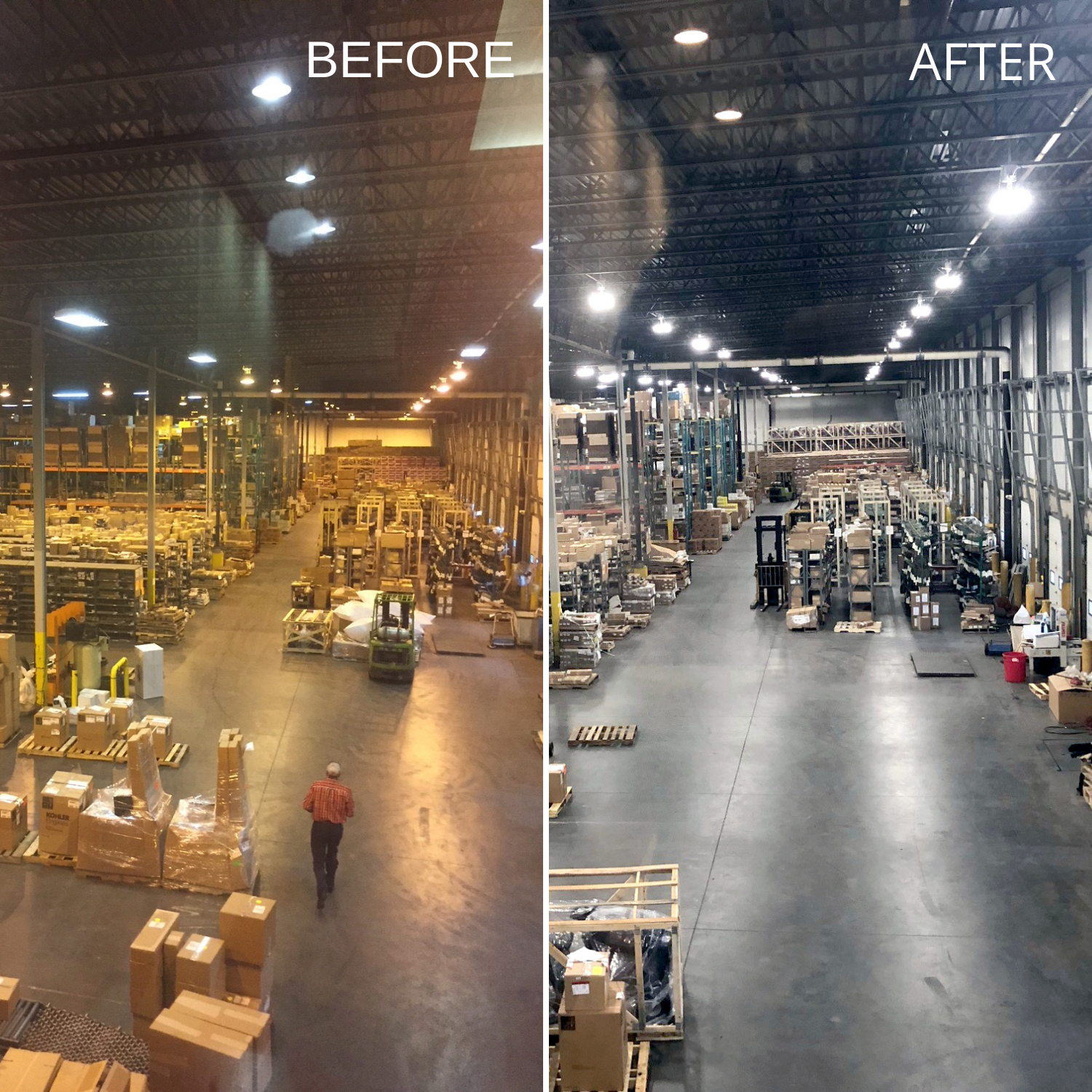 A side-by-side showing before and after LED lighting installation in a distribution center warehouse