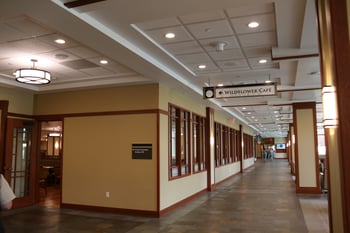 Healthcare facility LED lighting looking down the hallway of a Midwest hospital building