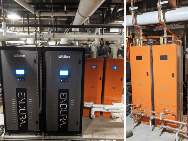Boilers and high-efficiency hot water heaters as part of Mitchell College's sustainability commitment